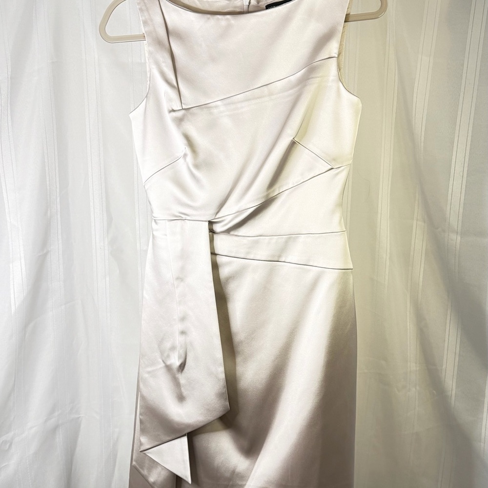 Elegant Silver Satin Sheath Dress with Draped Detail